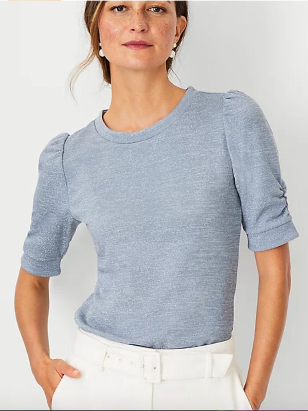 NEW NWT Ann Taylor Metallic Puff Sleeve Top Color: Empire Grey